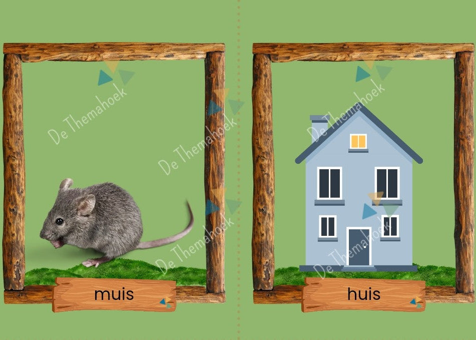 rijmen, thema bos, kleuters, groep 1/2, fonemisch bewustzijn, taalontwikkeling, rijmkaarten, rijmspel, de themahoek, themahoek bos, op avontuur in het bos, kinderboekenweek, kringactiviteit, inloop