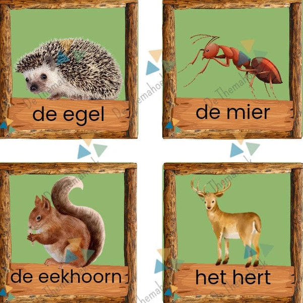 thema bos, memory, kleuters, woordenschat, groep 1/2, bos spel, bos memory, de themahoek, themahoek bos, auditieve oefeningen, woordkaartjes thema bos, bos woordkaarten