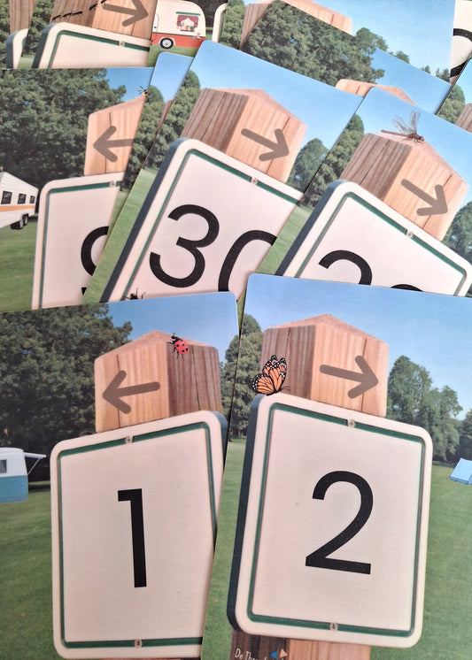thema vakantie, thema camping, thema zomer, cijferkaarten, tellen, getallen, getalbegrip, cijfers, rekenen, rekenbundel, inloopactiviteiten, inloop, bewegend leren, de themahoek, kleuters, groep 1/2