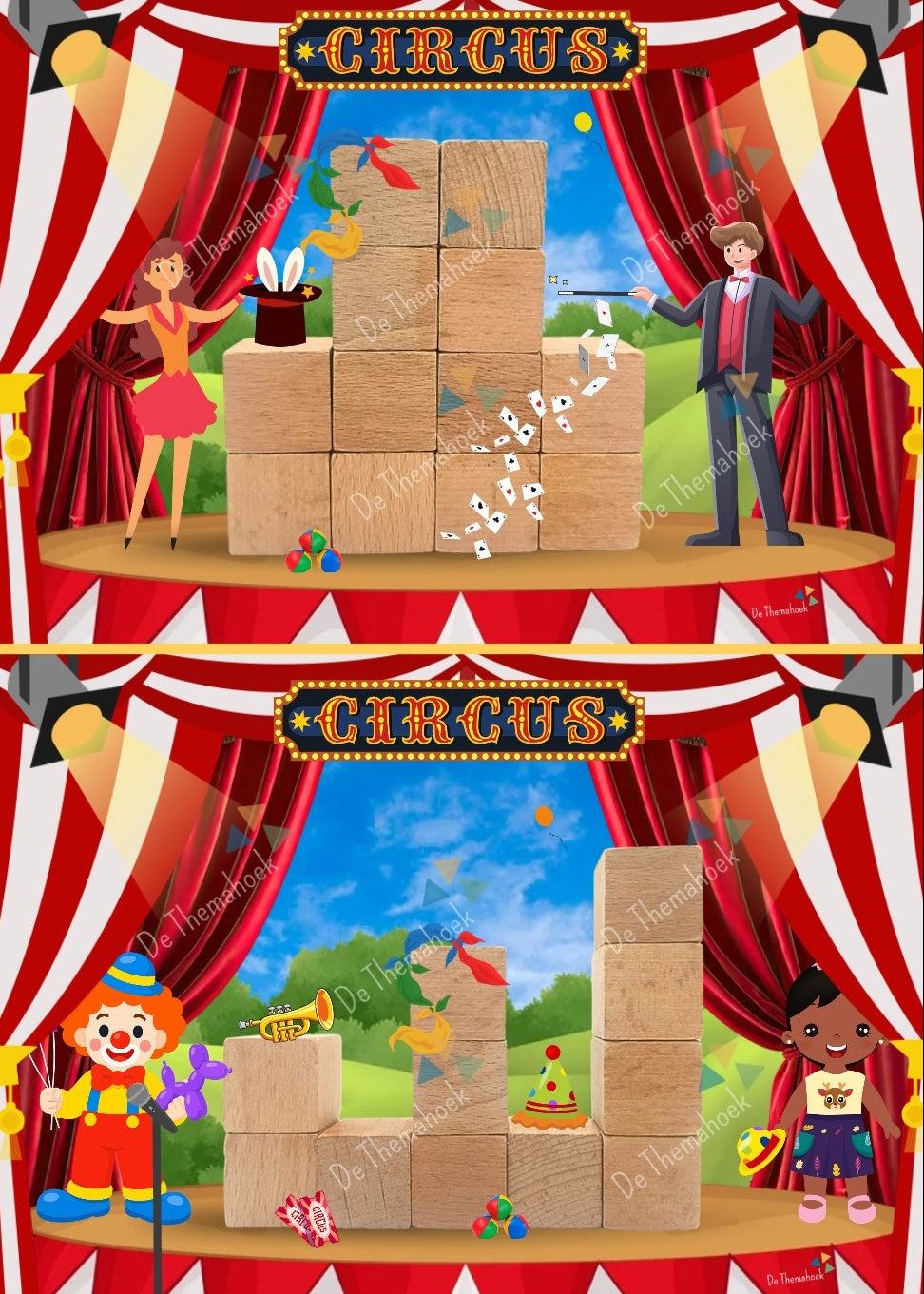 bouwkaarten, thema circus, kleuters, groep 1/2, bouwen, woordenschat, circus, in het circus, motoriek, bouwen in het circus, bouwvoorbeelden, de themahoek, bouwhoek, themahoek circus