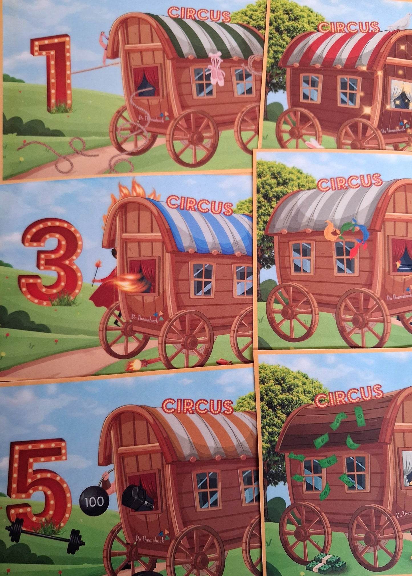 tellen, telkaarten, cijferkaarten, hoeveelheden herkennen, cijfers, thema circus, circus, kleuters, groep 1/2, rekenen met kleuters, bewegend leren, thema spot on, kinderboekenweek, de themahoek, themahoek