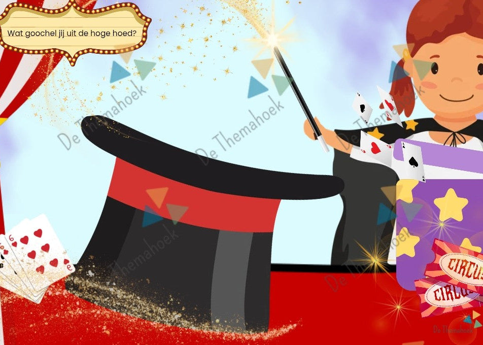 kleikaarten, circus, thema circus, kleikaarten circus, kleuters, groep 1/2, kleien, fijne motoriek, inloop, de themahoek, themahoek circus, thema spot on, thema kinderboekenweek, kinderboekenweek 2026, woordenschat, tellen