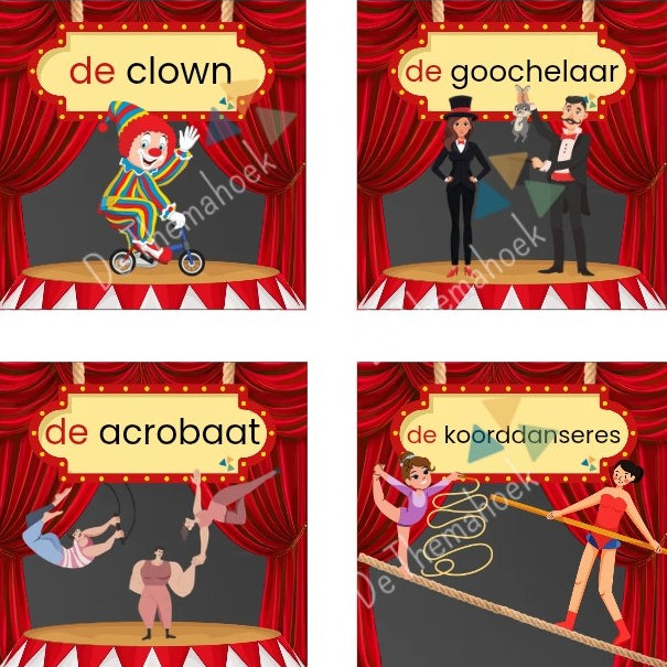 memory, thema circus, kleuters, groep 1/2, thema spot on, spot aan, kinderboekenweek, woordkaartjes, woordkaarten, muziekinstrumenten, theater, voorstelling, woordenschat, taalontwikkeling, spel, de themahoek, themahoek circus