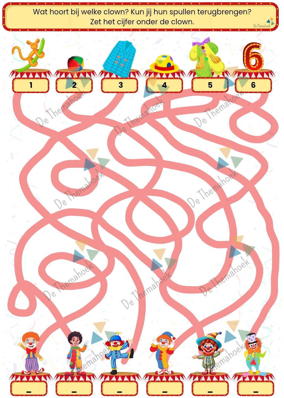 doolhof, gratis, kleuters, groep 1/2, thema circus, thema spot on, spot on, kinderboekenweek 2026, doolhoven, letterkennis, groep 3, de themahoek, themahoek circus, circus, fijne motoriek, letters, cijfers