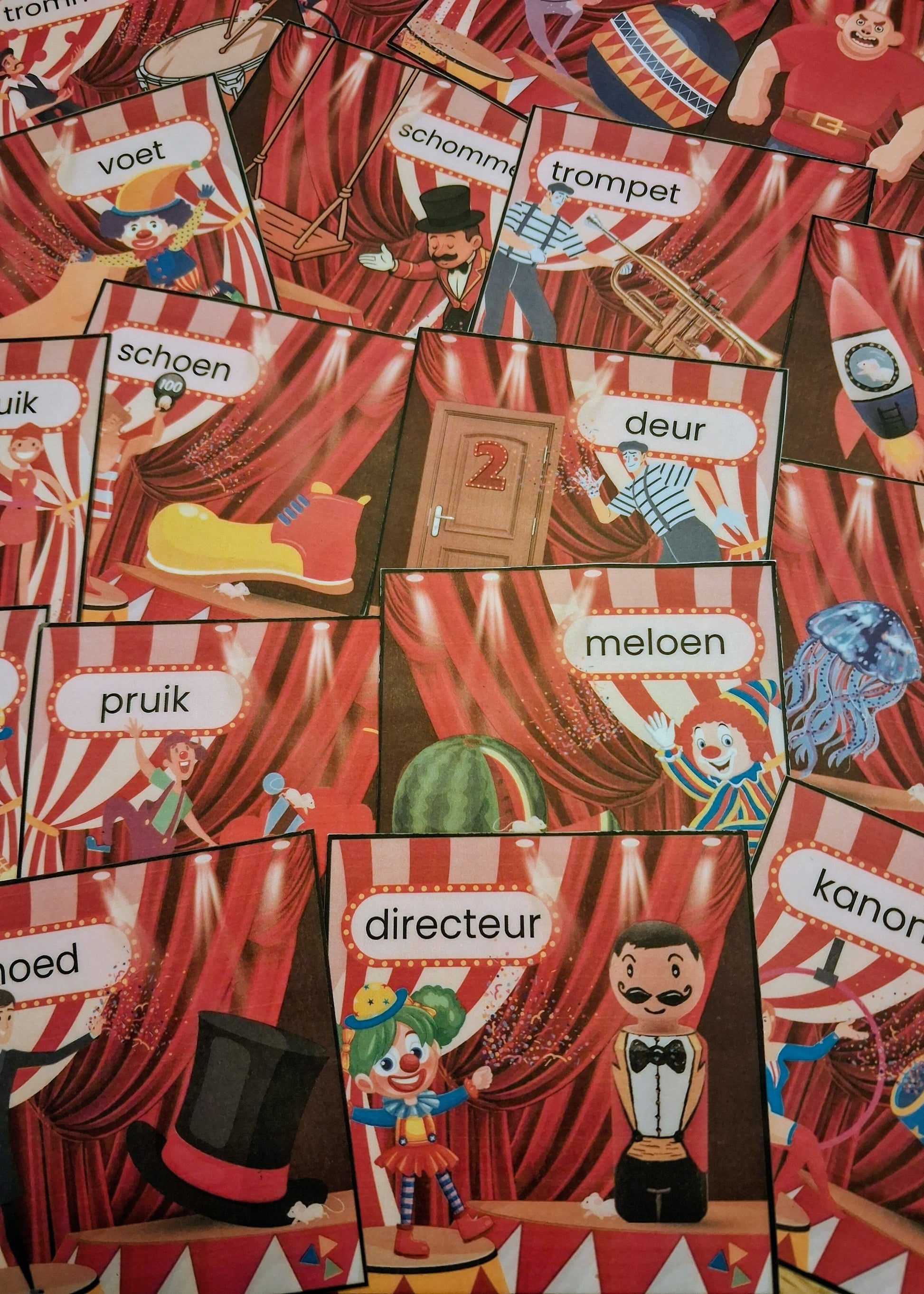 thema circus, kleuters, groep 1/2, thema spot on, kinderboekenweek, rijmen, rijmkaarten, rijmspel, woordkaarten, woordenschat, fonemisch bewustzijn, de themahoek, themahoek circus, thema theater