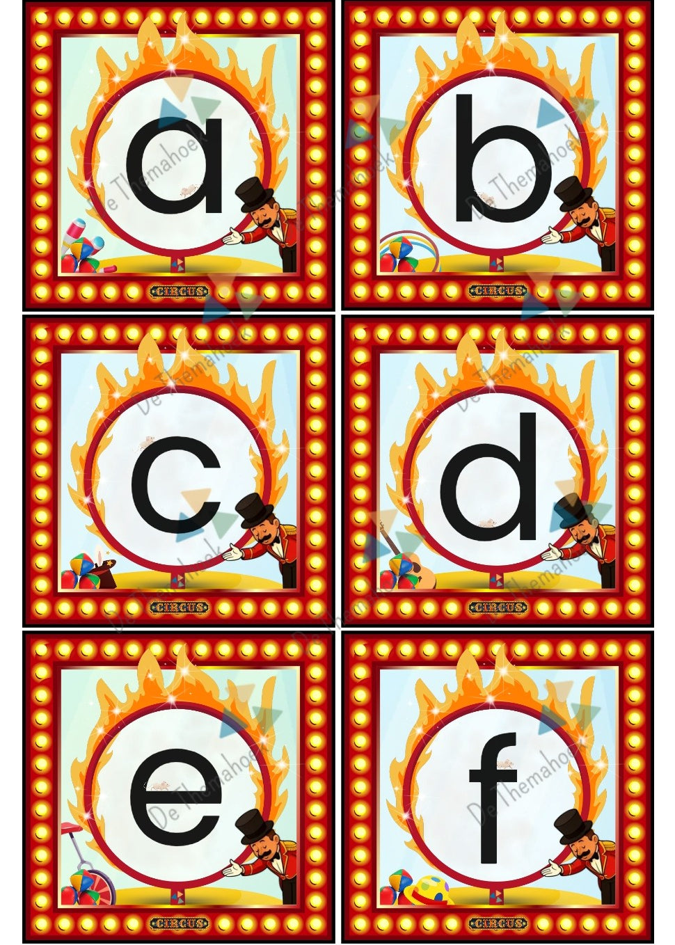 thema circus, kinderboekenweek, spot on, kleuters, groep 1/2, letters, klanken, beginklank, leesrups, alfabet, woordenschat, fonemisch bewustzijn, auditieve oefening, de themahoek, themaboek circus, aanvankelijk lezen, letterkaartjes