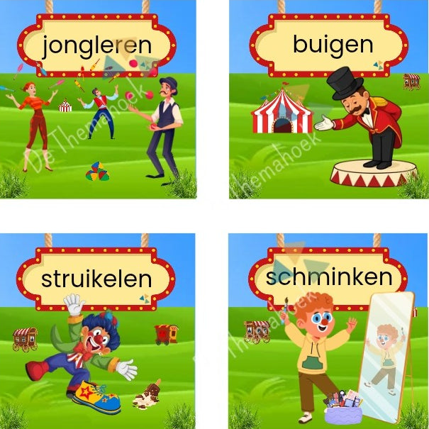 memory, thema circus, kleuters, groep 1/2, thema spot on, spot aan, kinderboekenweek, woordkaartjes, woordkaarten, muziekinstrumenten, theater, voorstelling, woordenschat, taalontwikkeling, spel, de themahoek, themahoek circus