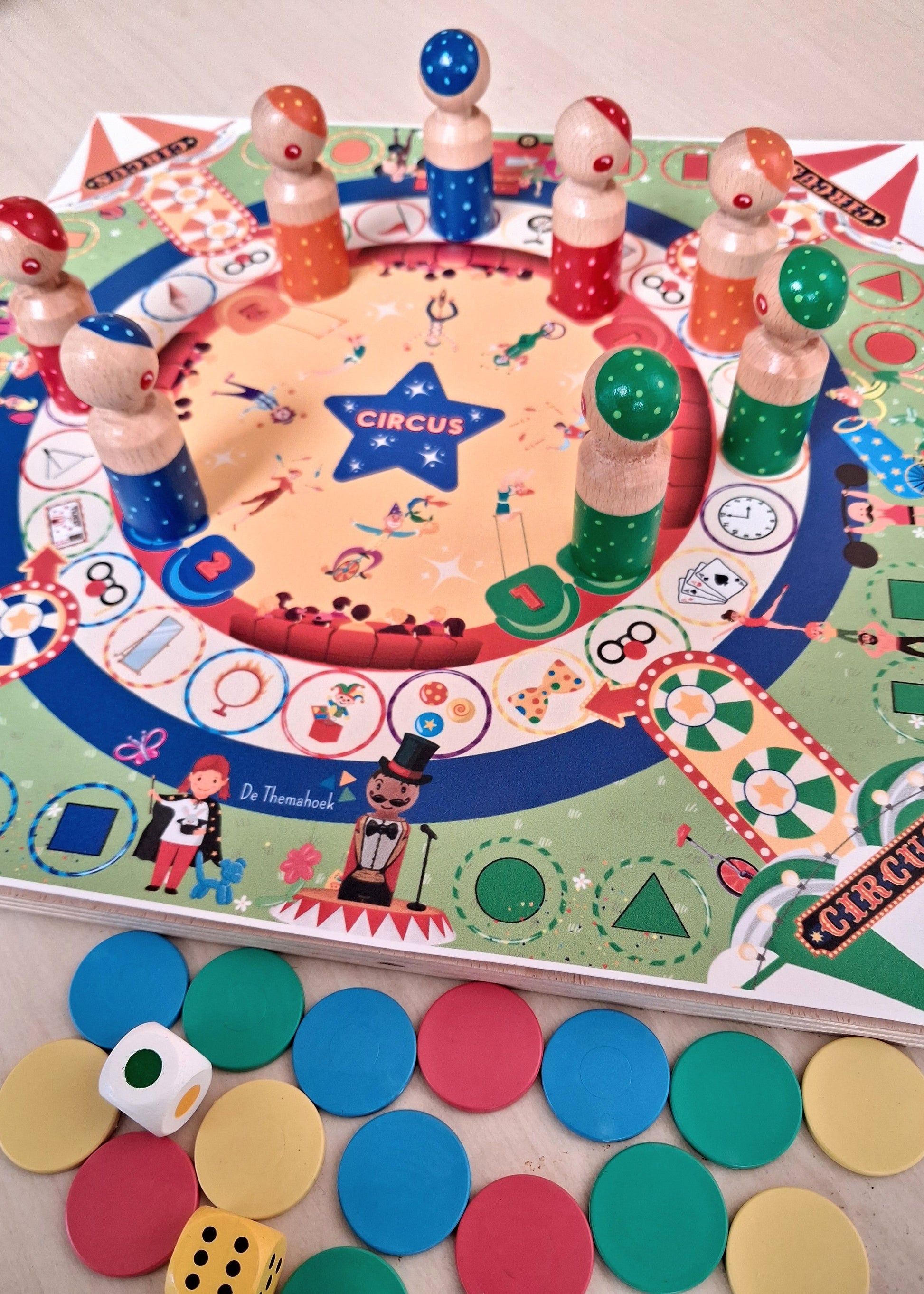 thema circus, spel, kleuters, groep 1/2, tellen, rekenen, kleur en vorm, gezelschapsspel, executieve functies, bordspel, woordenschat, de themahoek, themahoek circus, spelhoek circus