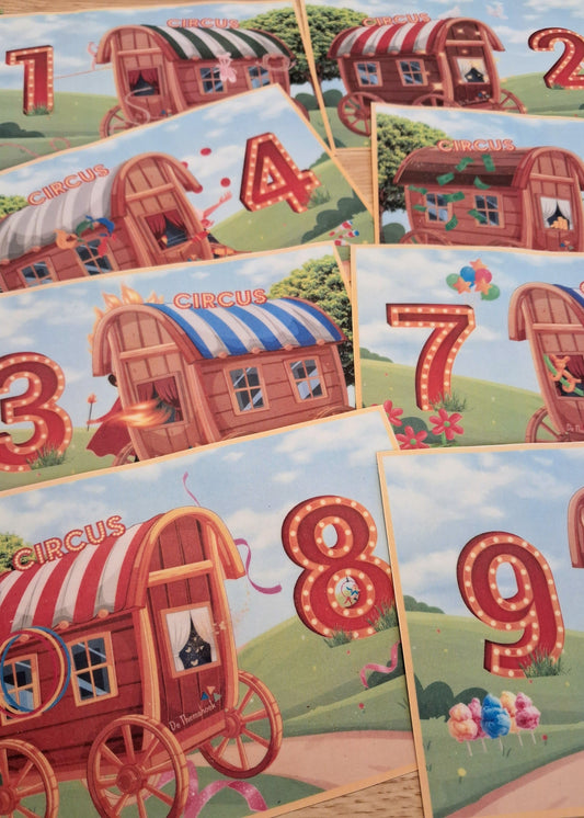 tellen, telkaarten, cijferkaarten, hoeveelheden herkennen, cijfers, thema circus, circus, kleuters, groep 1/2, rekenen met kleuters, bewegend leren, thema spot on, kinderboekenweek, de themahoek, themahoek
