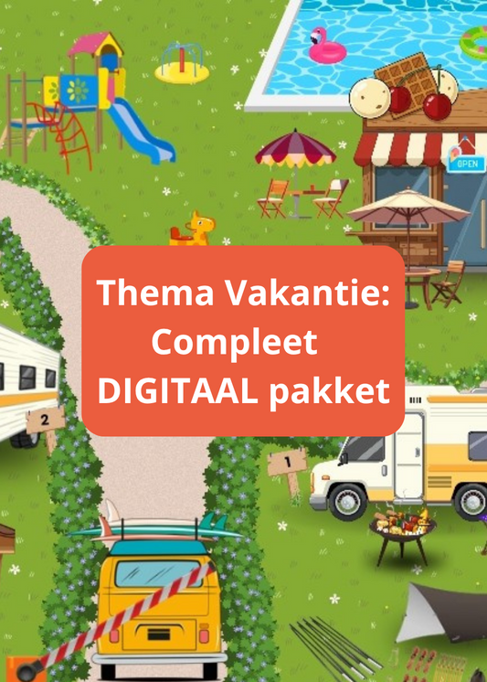 thema vakantie, thema de camping, thema zomer, thema op reis, compleet pakket, spellen, inloop, taal, woordenschat, kleuters, groep 1/2, auditieve oefeningen, liedjes, rekenen, tellen, cijfers, letters, de themahoek, themakist, themahoek vakantie, thema camping