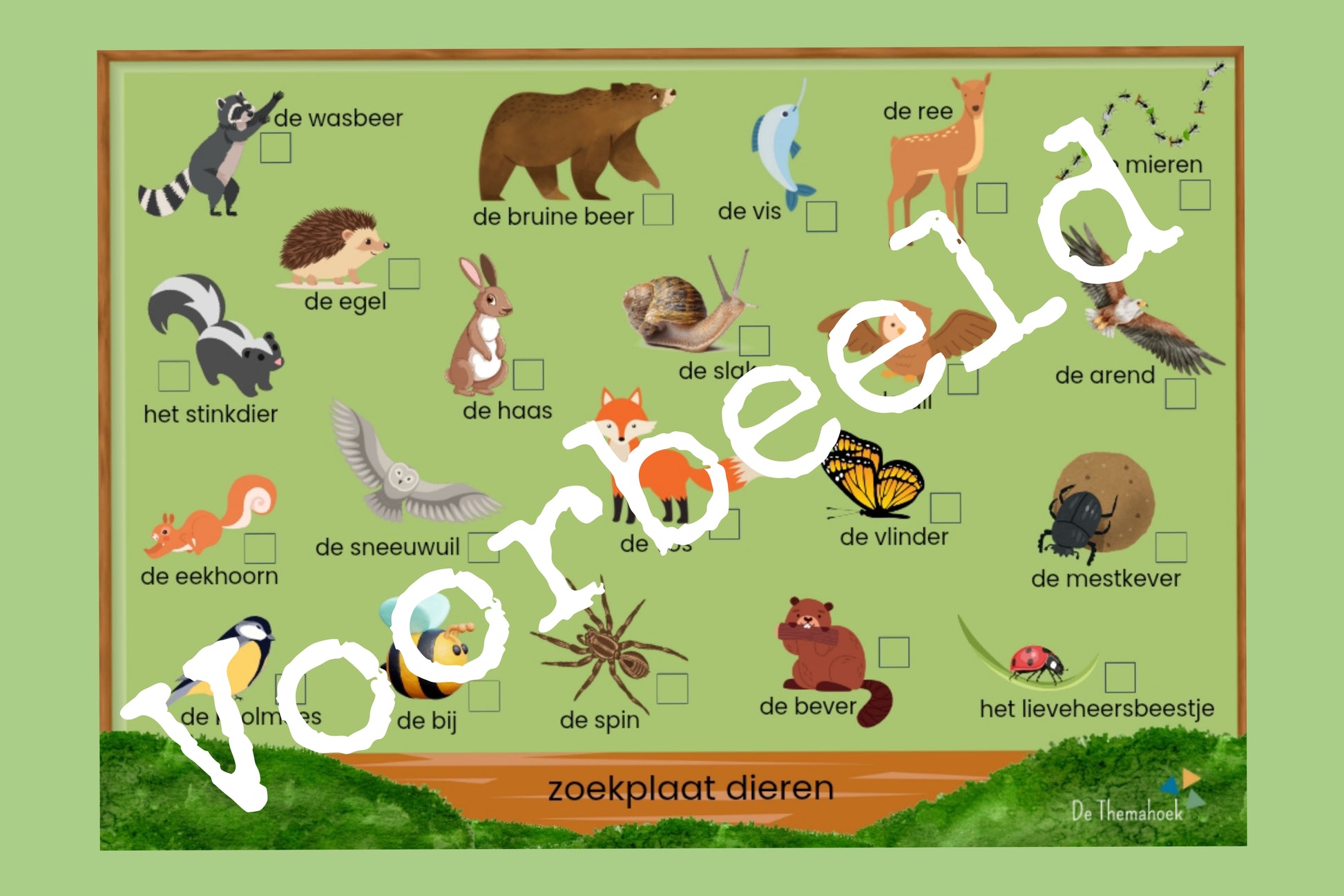 Thema dieren, thema bos, thema zomer, thema kamperen groep 1/2, de themahoek, themahoek, zoekplaat dieren