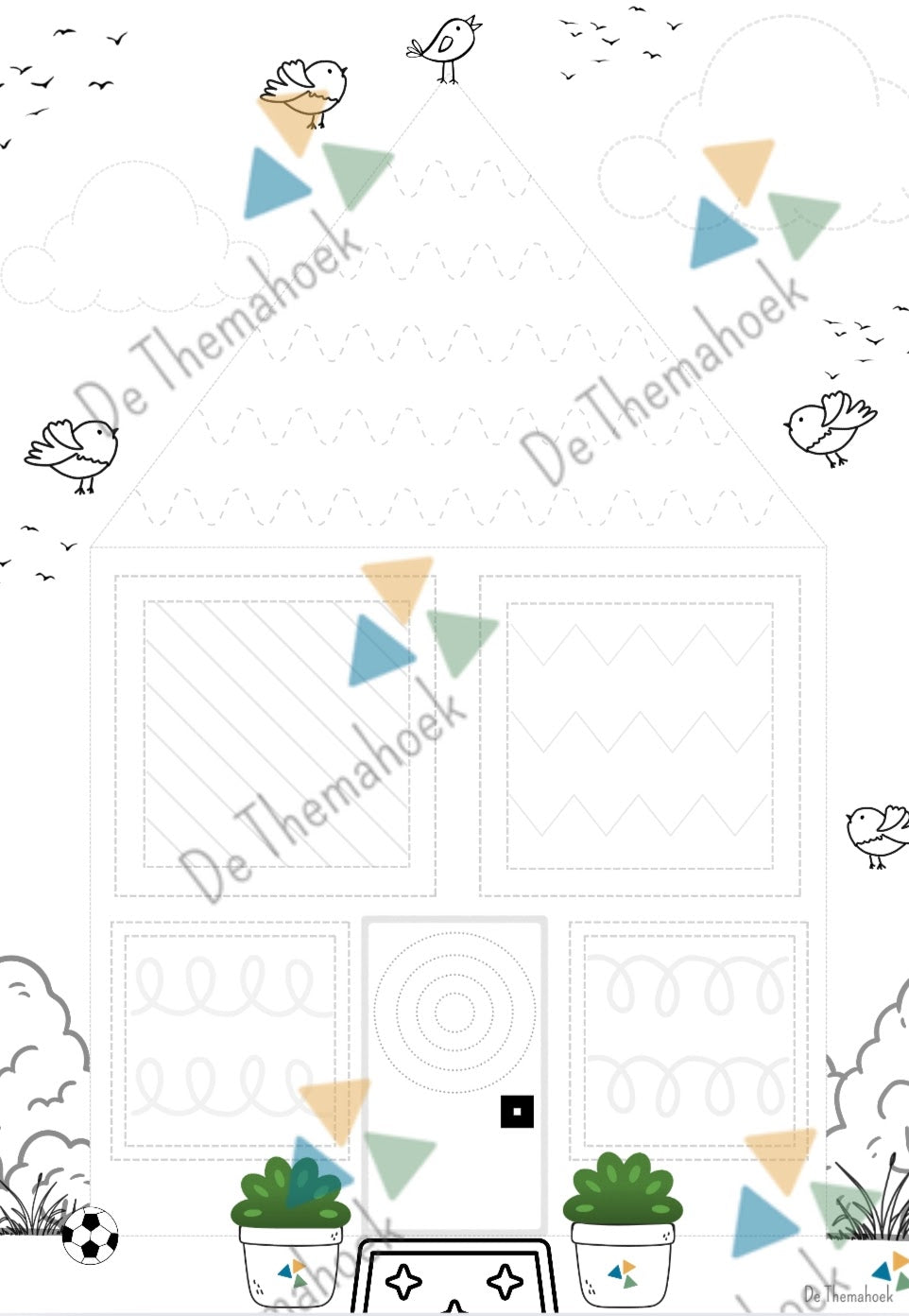 schrijfpatronen, aanvankelijk schrijven, schrijven, kleuters, groep 1/2, thema huis, thema hier woon ik, thema mijn huis, thema wie ben ik, de themahoek, themahoek, kleurplaat, inloop, nt2 onderwijs