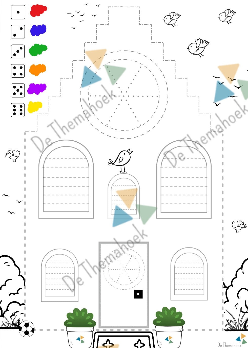 schrijfpatronen, aanvankelijk schrijven, schrijven, kleuters, groep 1/2, thema huis, thema hier woon ik, thema mijn huis, thema wie ben ik, de themahoek, themahoek, dobbelsteenbeelden, rekenen, kleurplaat, inloop.