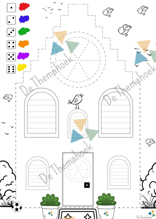 schrijfpatronen, aanvankelijk schrijven, schrijven, kleuters, groep 1/2, thema huis, thema hier woon ik, thema mijn huis, thema wie ben ik, de themahoek, themahoek, dobbelsteenbeelden, rekenen, kleurplaat, inloop.