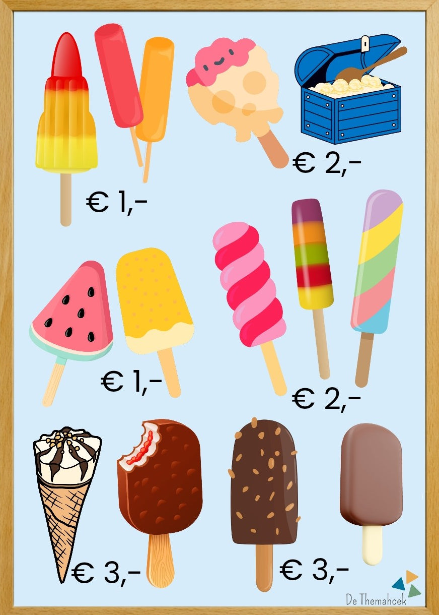 thema de ijswinkel, thema ijssalon, ijssalon, thema zomer, thema vakantie, themahoek ijssalon, themahoek ijswinkel, spel, spelhoek, kleuters, groep 1/2, taalontwikkeling, thema winkel, woordenschat, rekenen, tellen