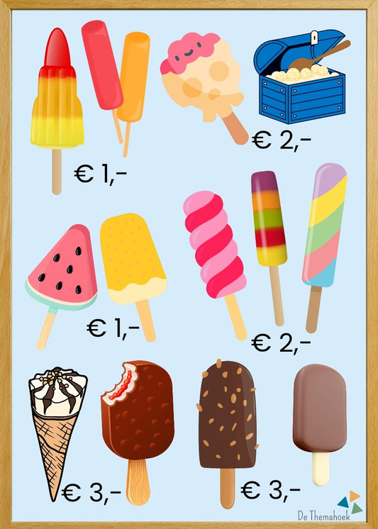 thema de ijswinkel, thema ijssalon, ijssalon, thema zomer, thema vakantie, themahoek ijssalon, themahoek ijswinkel, spel, spelhoek, kleuters, groep 1/2, taalontwikkeling, thema winkel, woordenschat, rekenen, tellen