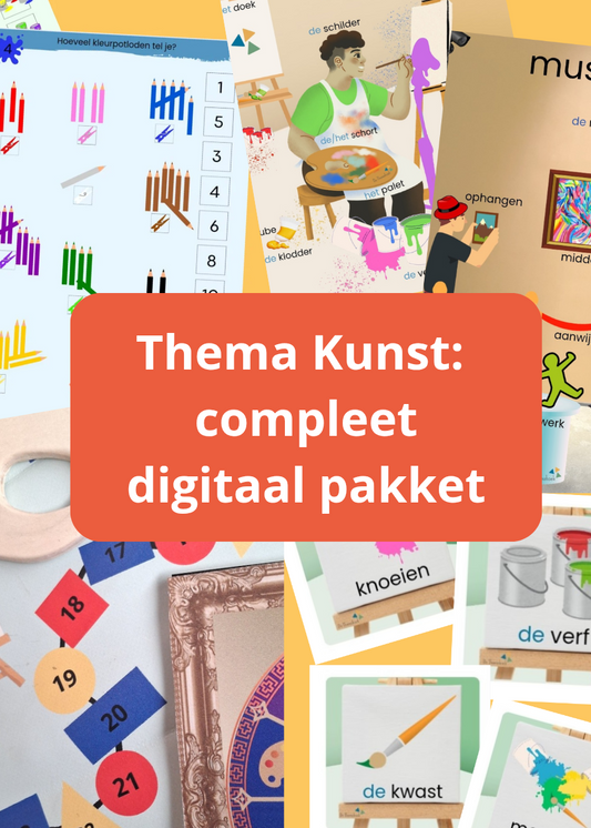 thema kunst, thema museum, kleuters, groep 1/2, woordenschat, taal, rekenen, spellen, woordkaarten, memory, bingo, piccolokaarten, compleet digitaal thema, de themahoek