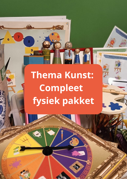 thema kunst, kant en klaar, kleuters, groep 1/2, themakist kunst, themapkketkunst, compleet thema kunst, kunst voor kleuters, thema kunst kleuters, piccolo, dobble, bingo, verteltafel, spel, de themahoek, woordenschat, taal, rekenen, cijferherkenning, cijfers, woordkaarten