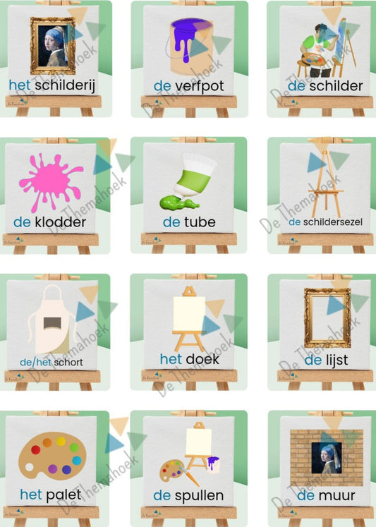 thema kunst, memory, woordenschat, kleuters, groep 1/2, kunst, kunst memory, auditieve oefeningen, nt2 onderwijs, meertalige leerlingen, de themahoek, themahoek