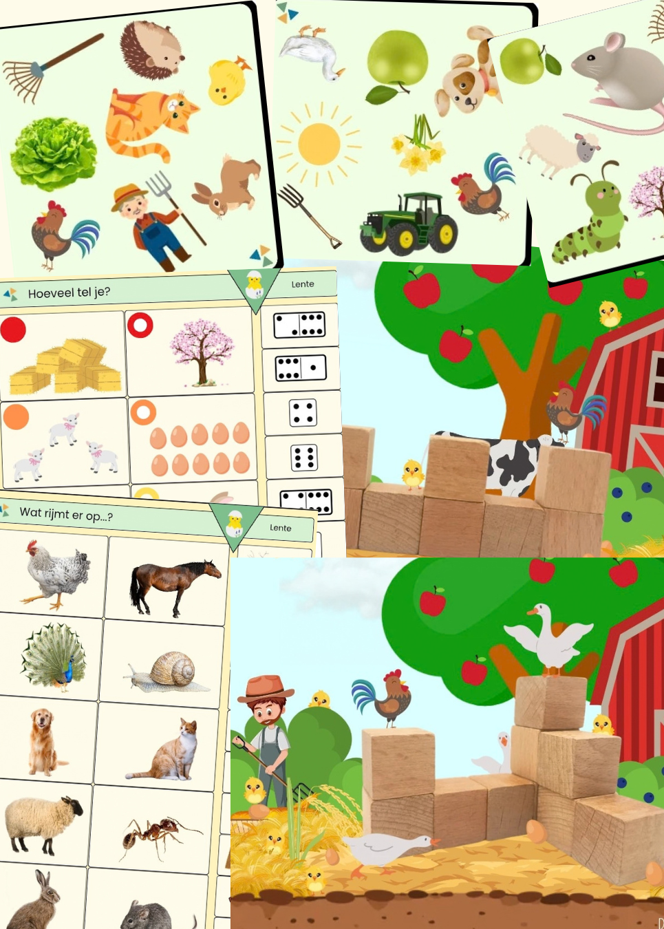 thema lente piccolo, taal en rekenen, kleuters, NT2 onderwijs, taalontwikkeling, themahoek, de themahoek, thema boerderij, thema pasen, boerderij, pasen, kleuters, dobble, bouwkaarten, bouwhoek, thema lente, bouwvoorbeelden schrijfpatronen