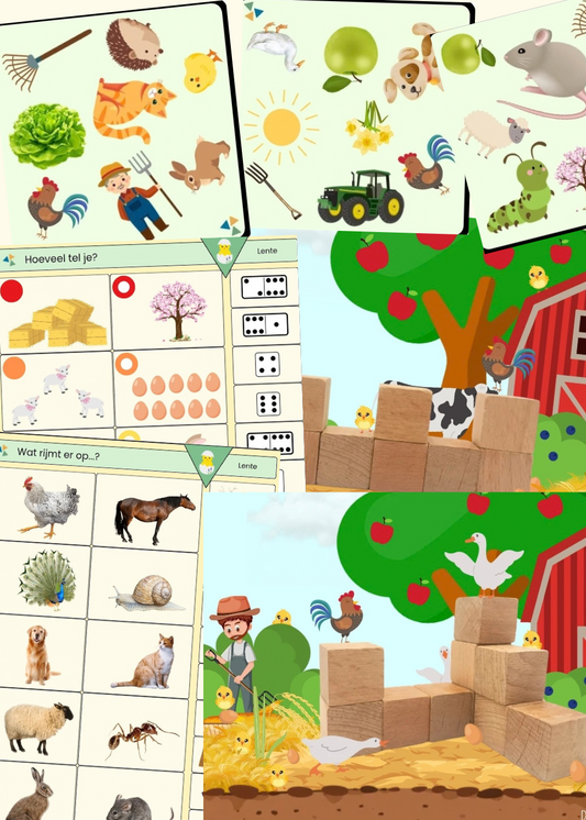 thema lente piccolo, taal en rekenen, kleuters, NT2 onderwijs, taalontwikkeling, themahoek, de themahoek, thema boerderij, thema pasen, boerderij, pasen, kleuters, dobble, bouwkaarten, bouwhoek, thema lente, bouwvoorbeelden schrijfpatronen