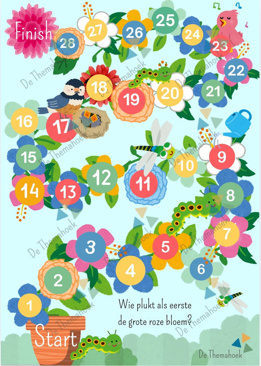 spel, thema lente, kleuters, cijferherkenning, bordspel, woordenschat, rekenen, thema bloemen, bloemen, gratis, groep 1/2, spel thema lente, ganzenbord thema lente, dobbelspel thema lente, cijfers thema lente, inloop thema lente, inloop kleuters