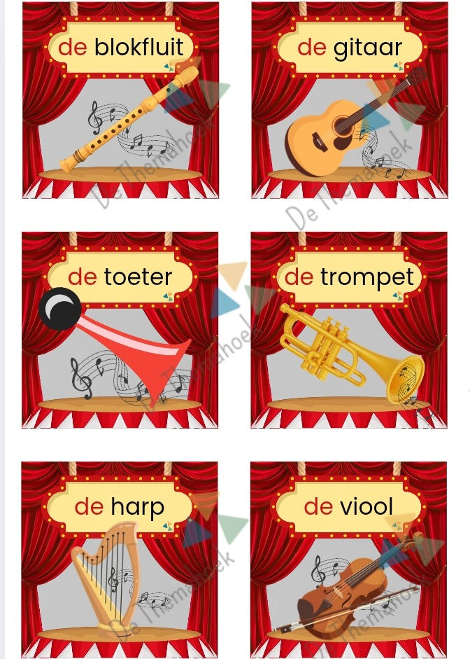 spot on, kinderboekenweek 2026, thema muziek, thema theater, thema circus, muziekinstrumenten, praatplaat, woordplaat, woordkaartjes, de themahoek, taalontwikkeling, woordenschat, auditieve oefeningen