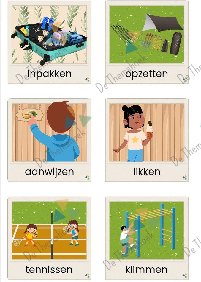 spel, kleuters, groep 1/2, memory thema vakantie, memory, thema vakantie, thema op reis, thema strand, thema zomer, woordenschat, auditieve oefeningen, de themahoek, themahoek 