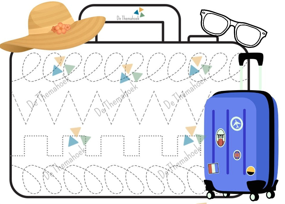 thema vakantie, thema zomer, thema op reis, kleuters, schrijfpatronen, aanvankelijk schrijven, inloop, inloopactiviteiten, woordenschat, de themahoek, motoriek, fijne motoriek