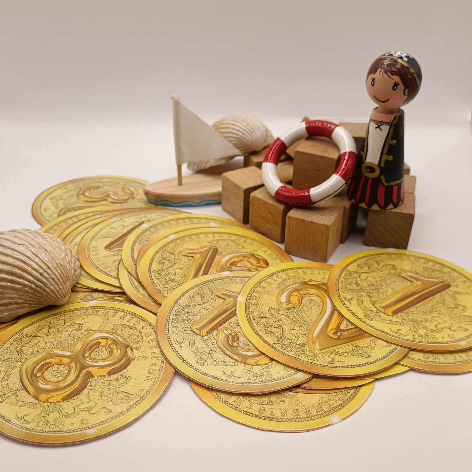 Thema piraten kleuters, gouden munten, rekenen groep 1/2, de themahoek, themahoek