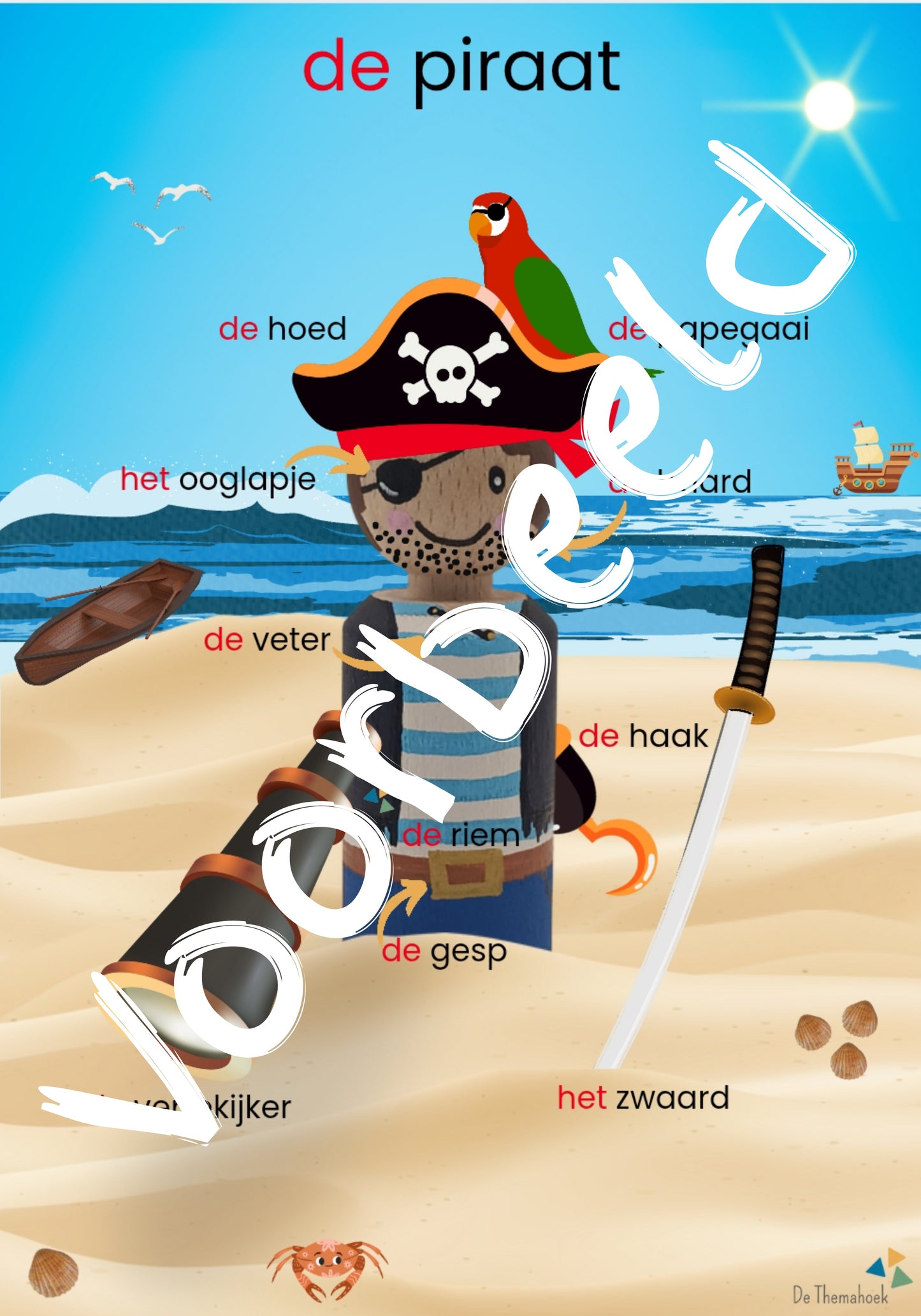 woordplaten thema piraten, woordkaarten en auditieve oefeningen, kleuters en peuters, de themahoek
