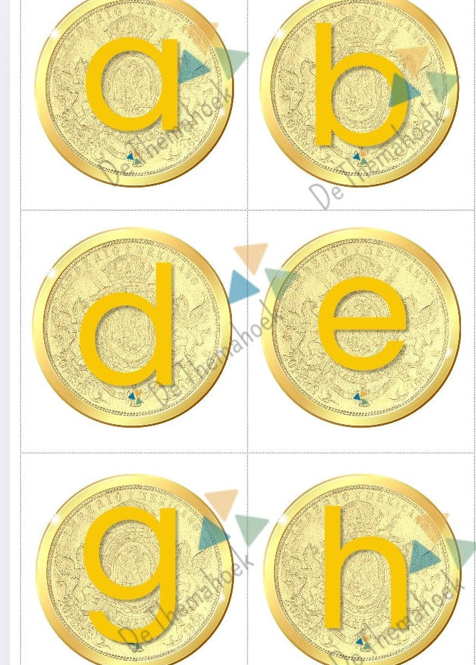 thema piraten, letters, gouden munten, schat van de piraat, munten met letters, kleuters, groep 1/2, de themahoek, themahoek piraten