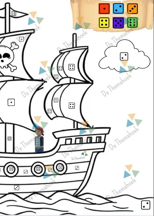 gratis kleurplaten, gratis dobbel en kleur, gratis thema piraten voor kleuters, thema piraten, kleuters, groep 1/2, fijne motoriek, rekenen, cijferherkenning, getalbeelden, hoeveelheden herkennen, kleurplaten, tellen, papegaai kleurplaat, piratenschip kleurplaat, inloop thema piraten, inloop piraten, de themahoek, themahoek piraten