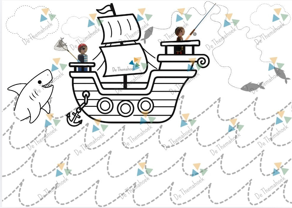 thema piraten, schrijfpatronen, kleuters, groep 1/2, aanvankelijk schrijven, fijne motoriek, schrijfoefeningen, de themahoek, themahoek piraten, inloop thema piraten, thema piraten tekenen, kleurplaat thema piraten
