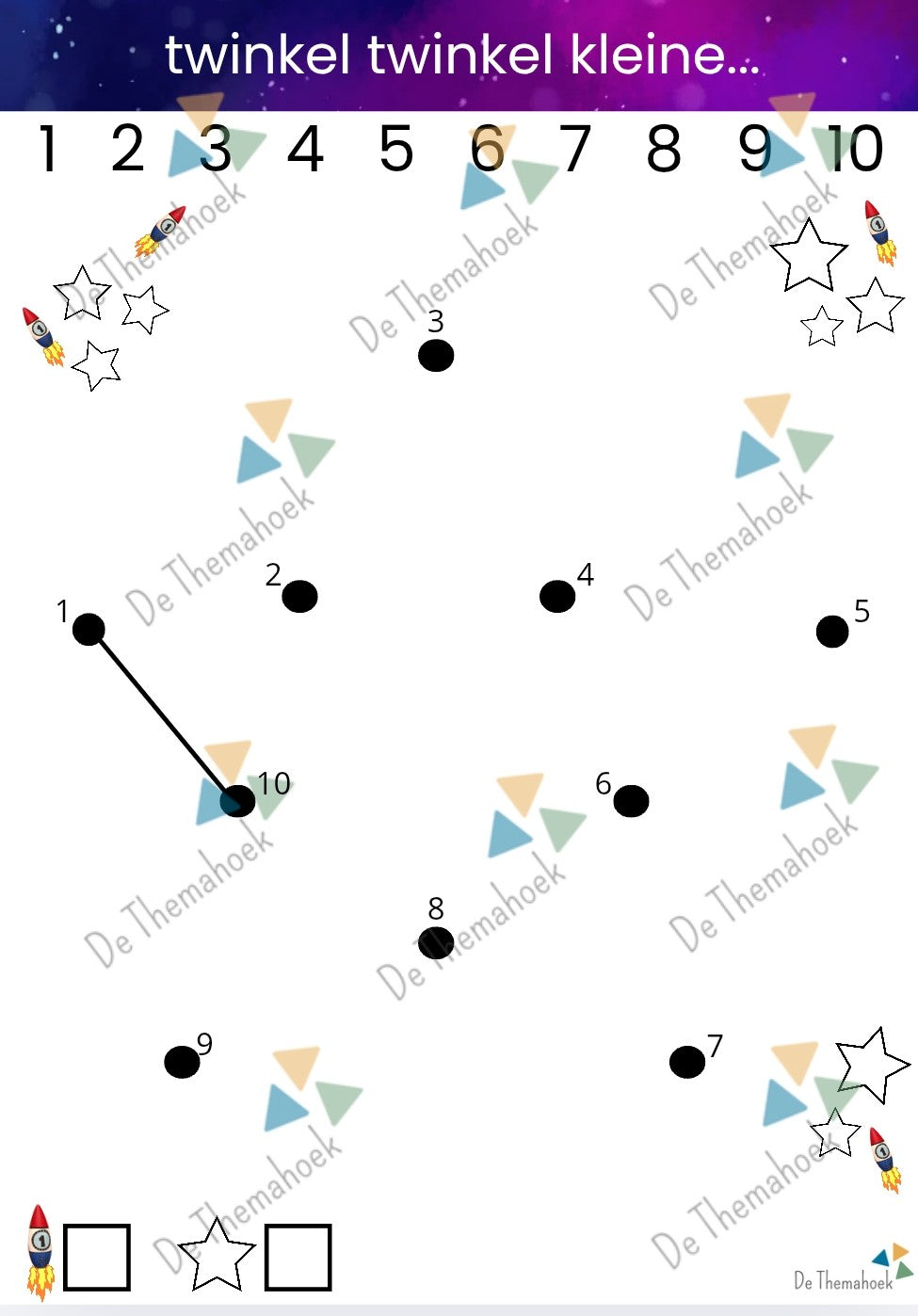 raket cijfertekening, thema ruimte, groep 1/2, de themahoek, themahoek, kleuters, groep 1/2, rekenen, cijferherkenning, kleurplaat raket, inloop thema ruimte, themahoek ruimte, rekenen ruimte, tellen ruimte, cijferkennis