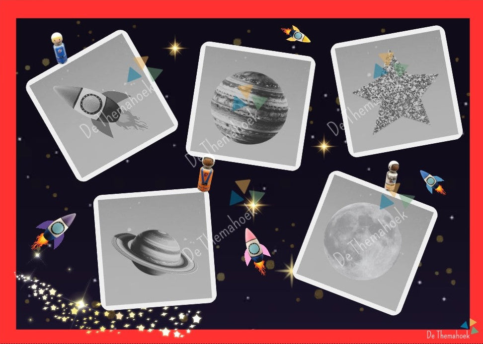 Lotto, thema ruimte, ruimte, de ruimte, kleuters, groep 1/2, de themahoek, themahoek ruimte, de raket, spel thema ruimte, spel, bingo, woordenschat, inloop thema ruimte, planeten kleuters, ik wil de maan