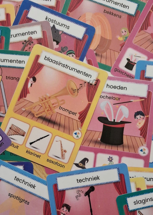 thema spot on, kinderboekenweek 2026, kwartet, spel, groep 1/2, kleuters, thema theater, thema kinderboekenweek 2026, kinderboekenweek 2026, woordenschat, thema muziek, de themahoek, spel, gezelschapsspel 