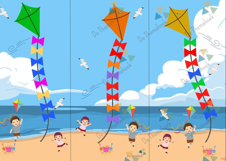 thema vakantie, kleuters, vliegers, thema camping, thema strand, patronen, reeksen, rekenen, kleuren op goede volgorde, de themahoek