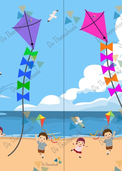 thema vakantie, kleuters, vliegers, thema camping, thema strand, patronen, reeksen, rekenen, kleuren op goede volgorde, de themahoek
