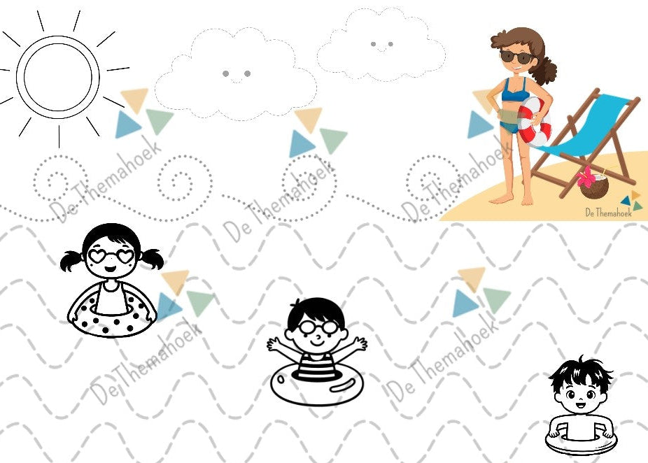 thema vakantie, thema zomer, thema op reis, kleuters, schrijfpatronen, aanvankelijk schrijven, inloop, inloopactiviteiten, woordenschat, de themahoek, motoriek, fijne motoriek, thema strand, thema camping