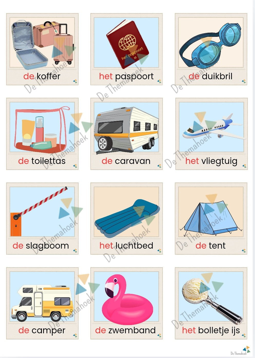 kleuters, groep 1/2, memory thema vakantie, memory, thema vakantie, thema op reis, thema strand, thema zomer, woordenschat, auditieve oefeningen, de themahoek, themahoek 