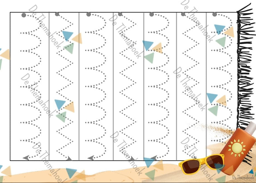 thema vakantie, thema zomer, thema op reis, kleuters, schrijfpatronen, aanvankelijk schrijven, inloop, inloopactiviteiten, woordenschat, de themahoek, motoriek, fijne motoriek, thema strand