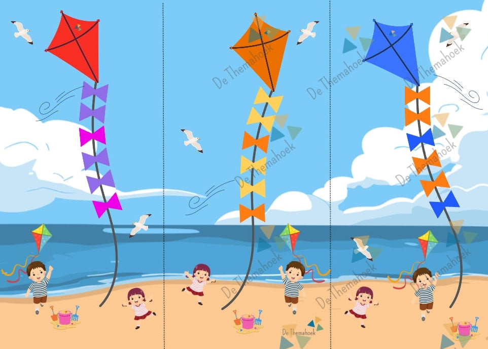 thema vakantie, kleuters, vliegers, thema camping, thema strand, patronen, reeksen, rekenen, kleuren op goede volgorde, de themahoek,, thema op reis