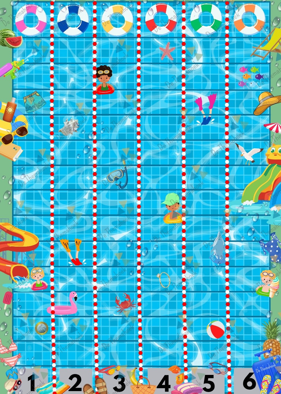 Tehma vakantie, zwembadspel, spel, zwembad, kleuters, groep 1/2, tellen, cijferherkenning, samenwerken, op de camping, thema camping