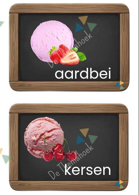 thema de ijswinkel, thema ijssalon, ijssalon, thema zomer, thema vakantie, themahoek ijssalon, themahoek ijswinkel, spel, spelhoek, kleuters, groep 1/2, taalontwikkeling, thema winkel, woordenschat, rekenen, tellen