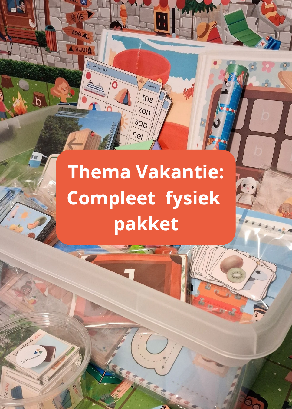 thema camping, thema vakantie, thema op reis, themakist, compleet thema, piccolo, dobble, memory, cijferkaarten, rijmkaarten, woordenschat, auditieve oefeningen, tellen, cijferherkenning, beebotmat, de themahoek