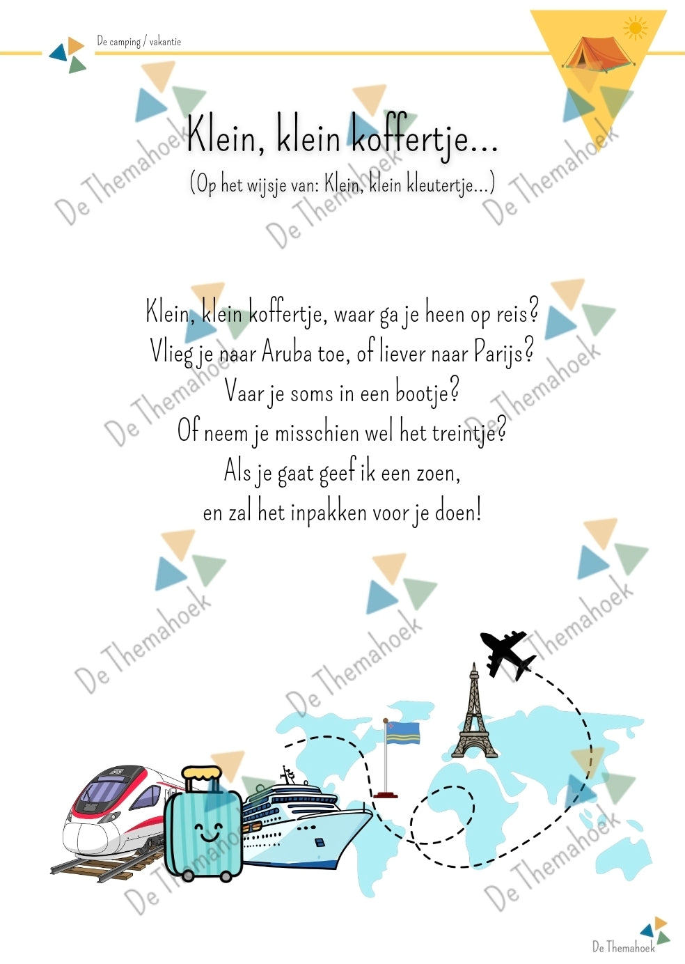 versje thema vakantie, thema op reis, versje, liedje, thema camping, woordenschat, muziek, zingen, liedjesboek, kleuters, groep 1/2, de themahoek