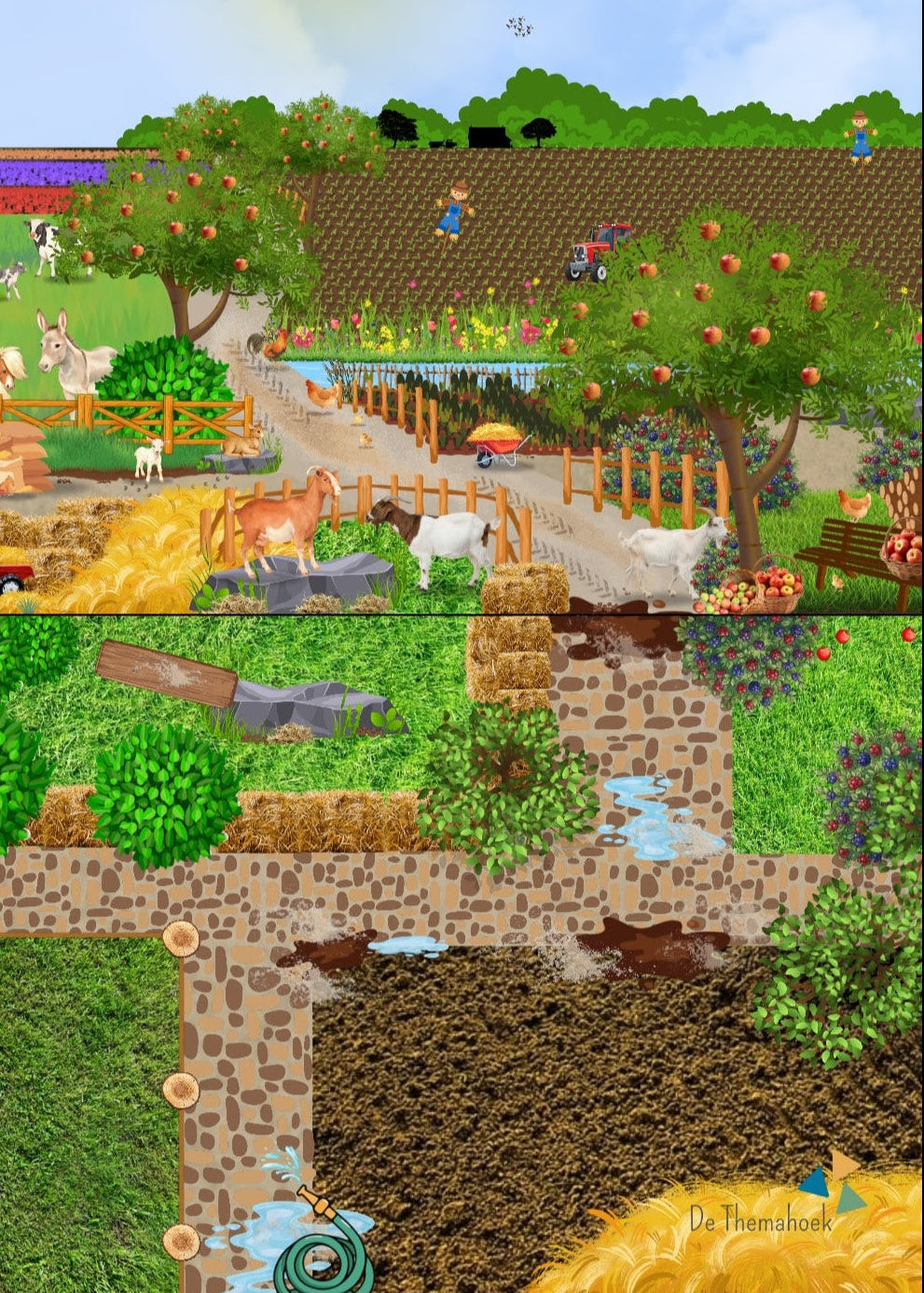 verteltafel, kleuters, groep 1/2, thema boerderij, op de boerderij, thema lente, spel, spelhoek, themahoek boerderij, de themahoek, woordenschat, nt2 onderwijs, houten poppetjes lente, boerderijdieren
