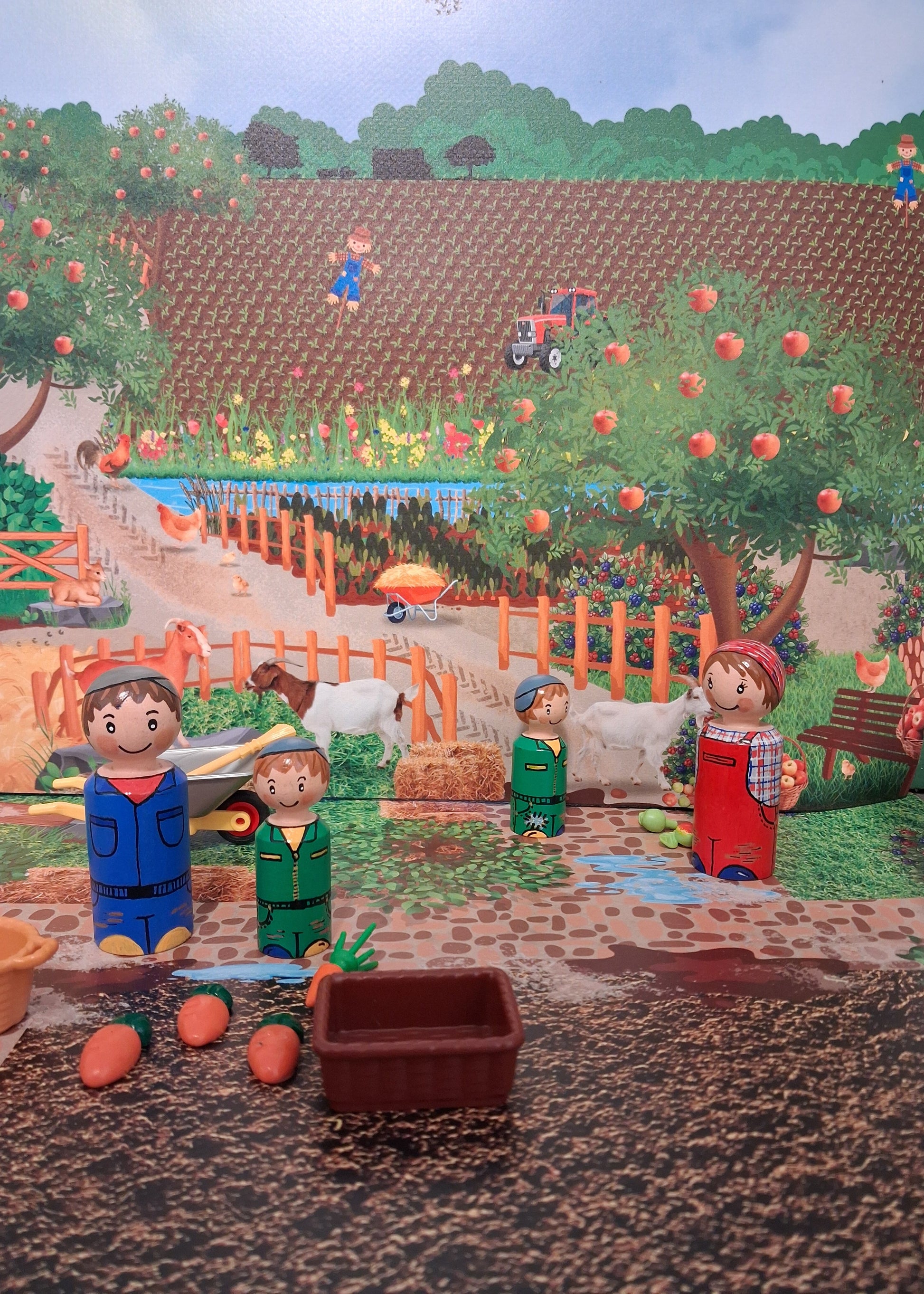 verteltafel, thema boerderij, kleuters, groep 1/2, spel, spelhoek thema lente, woordenschat, verhalen naspelen, houten poppetjes, houten poppetje boer, de htemahoek, themahoek