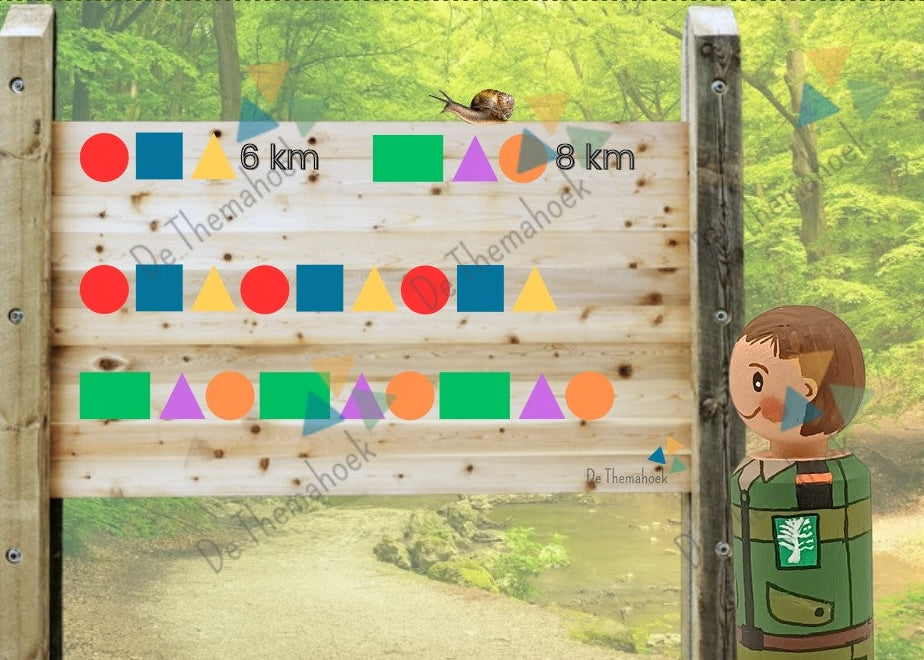 vormen en patronen, patroonkaarten, patronen naleggen, vormen naleggen, vormen, kleuren, rekenen, kleuters, groep 1/2, thema bos, op avontuur in het bos, de themahoek, themahoek bos